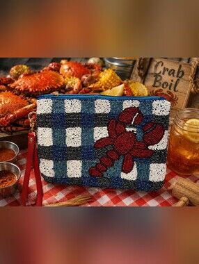 NEW House of Harlow Beaded Lobster Pouch Ghingham Blue & Red Wristlet Purse